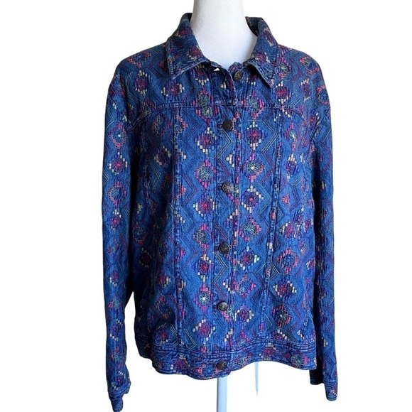 COLDWATER CREEK Boho Aztec Tribal Multicolor Embroidered Cotton Denim Jacket XL - Picture 2 of 16